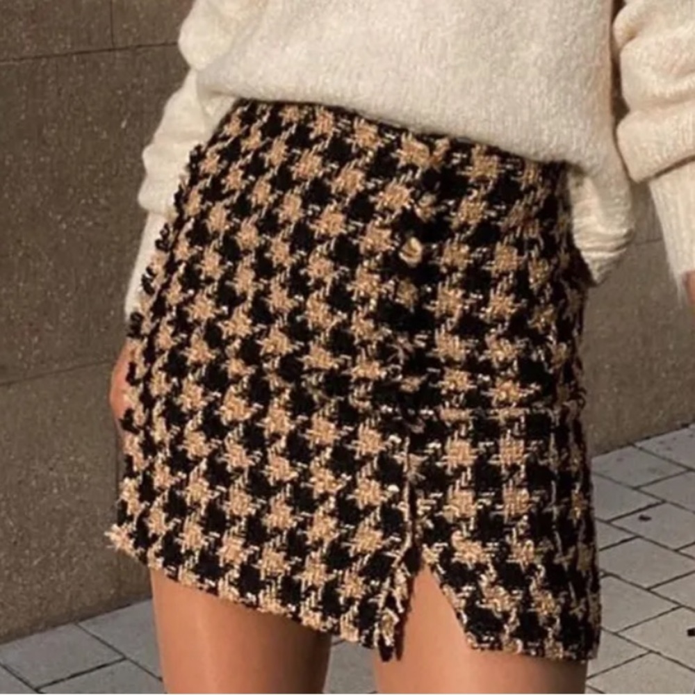 House Of Harlow 1960 Skirt Tan Black Houndstooth Tweed Mini Fringed
